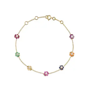 Daily Wear Sweet 925 Sterling Silver Gold Lucky Rainbow Flower Charm Bracelet for Women