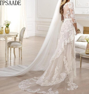 Robe de mariée <span class=keywords><strong>Sxey</strong></span> en dentelle transparente à manches courtes, devant court et dos long, voile à étages, fermeture éclair fendue, nouveau design 2025 WF258 - Product Image 2