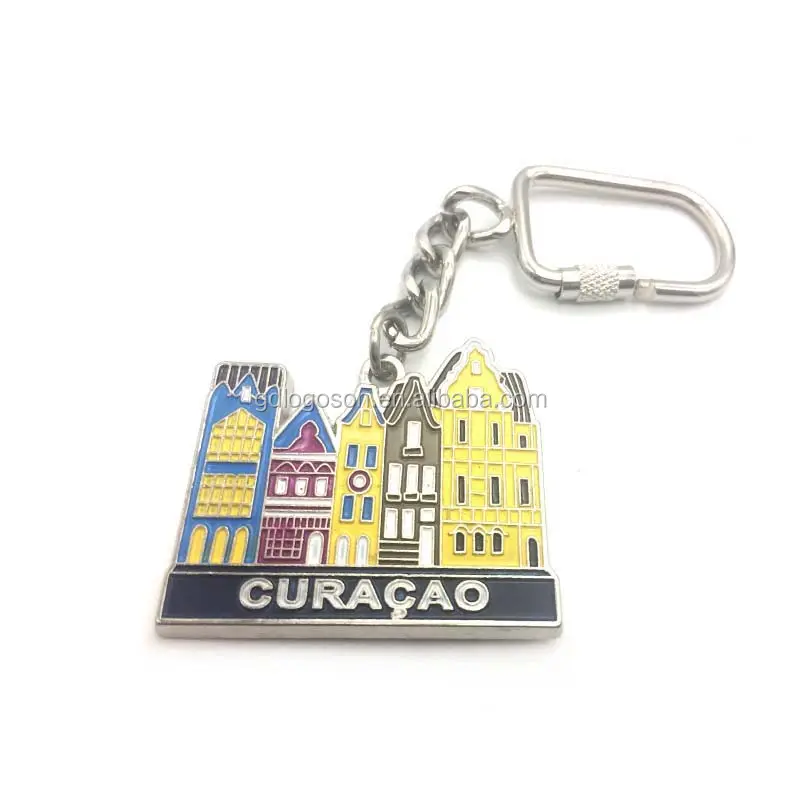 Groothandel Curacao Souvenirs Handwerk Europese Kleurrijke Huizen Sleutelhanger Metalen Emaille Oude Stad Building Sleutelhangers