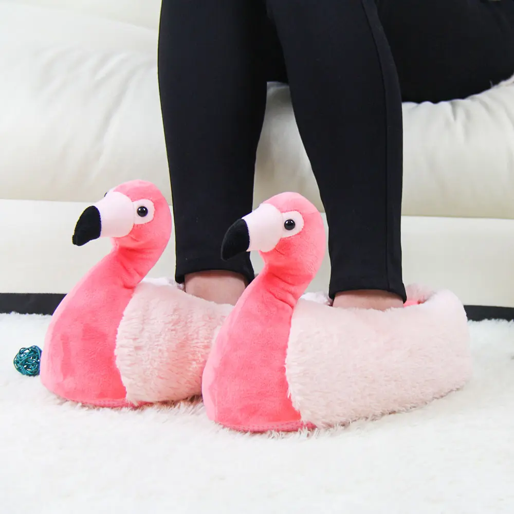 Pantufa de pele personalizada, chinelos de pelúcia personalizados de flamingo para casa