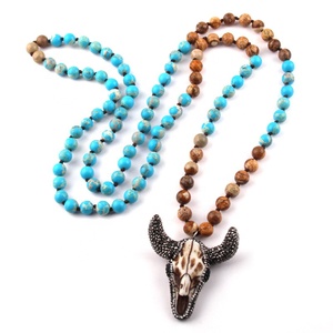 Pic Jasper mavi İmparator kolye çok taş uzun düğümlü el yapımı inek kafatası kolye kolye 108 boncuk boğa boynuz Mala kolye - Product Image 5