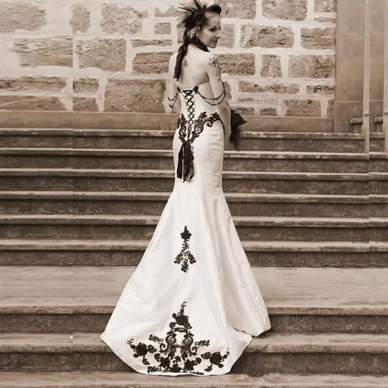 Mermaid Style Bridal Crystal Corset Wedding Dress Black and White