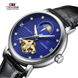 TEVISE 蓝色陀飞轮设计师男士真皮表带男士手表顶级品牌奢华无电池自动手表