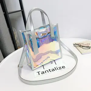 Fashion 2 in 1 Clear Heavy Duty Transparent Beach Shoulder Bag Safe See-through Laser Women Handbags Set PVC Tote Shopping Bag