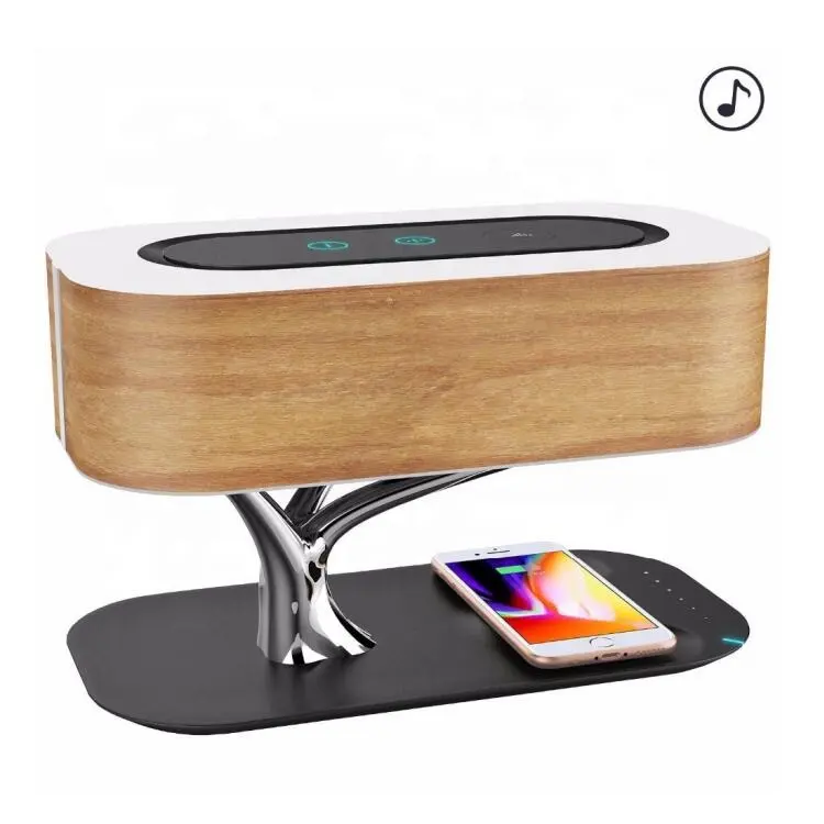 Ingenious wooden house 30w led tree shape bedside lamp qi wireless charger table lamp bluetooths speaker with elegant looking