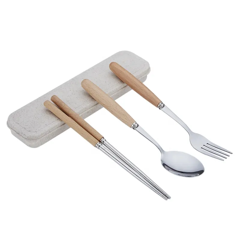 Food grade peralatan makan perjalanan, alat makan sumpit dan Sendok set gagang kayu stainless steel