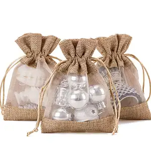 Burlap Drawstring Gift Bag - Burlap with One Side Organza Wedding Party Welcome Favor Linen Bags