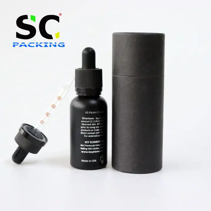 Лидер продаж, черная матовая косметическая бутылка 30 мл, бутылка для эфирного масла с пипеткой для измерения и упаковочной бумажной трубкой
