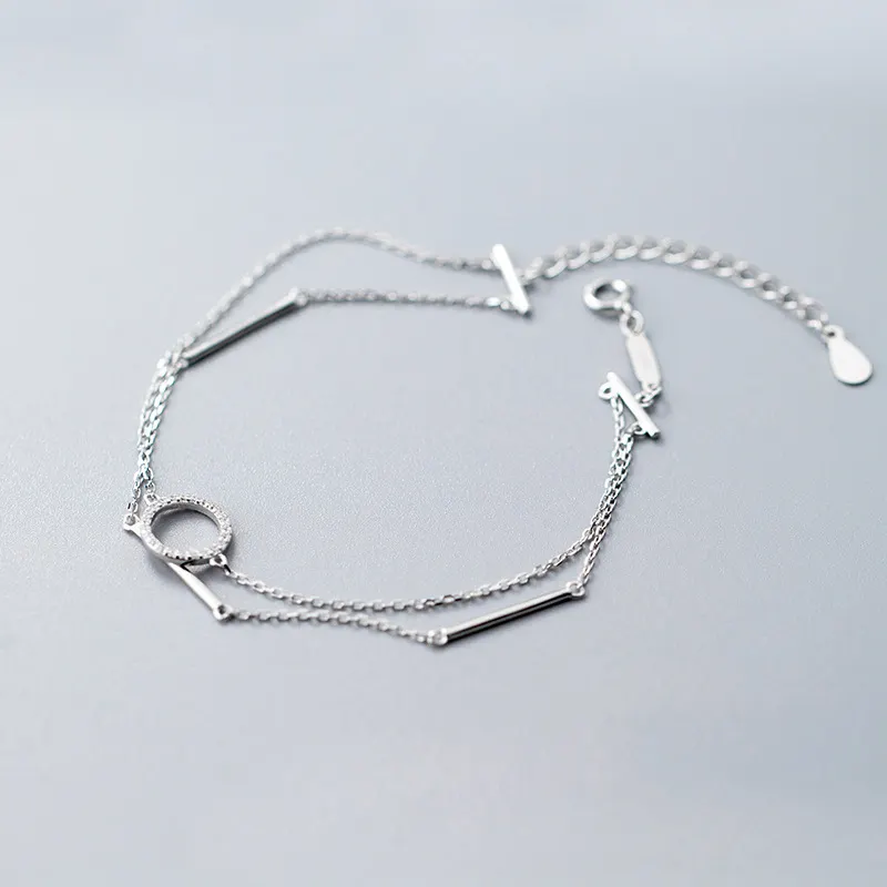 Echt 925 Sterling Zilveren Lange Bar Link Chain Armbanden voor Vrouwen Authentieke Zilveren Ronde Crystal Circle Charm Armbanden