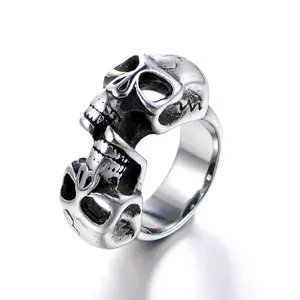 High Quality Arrival Punk Double Head Skeleton Finger Band Jewellery Stainless Steel Skull Ring For Men Women