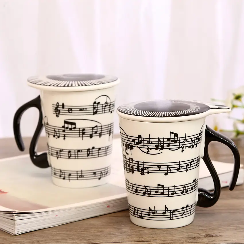 300ml White Music Note Ceramic Mug With Lid