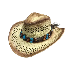 Handgemaakte Raffia Stro Cowboy Hoed Mexico Sombrero Carbonisatie Uitgeholde Zomer Strand Zon West Cowboy Hoed