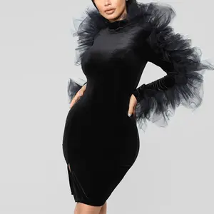 Chic siyah tül fırfır uzun kollu kadife balo elbise kadın