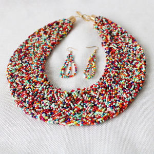 Set kalung Dan anting buatan tangan, Kalung kerah pelangi besar buatan tangan, perhiasan manik-manik biji Afrika gaya Bohemian untuk wanita - Product Image 3
