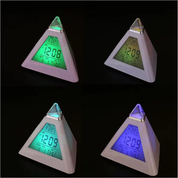 (Low Price) 2023 Hot Sale Triangle LED Alarm Clock, OEM Digital Alarm Clock, Pyramids 7 color LED Clock for Amazon