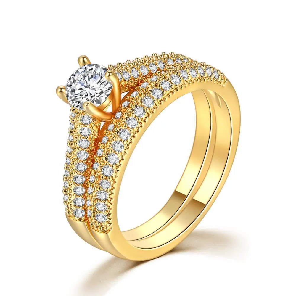 Joyería de Compromiso 2 en 1 para mujer, chapado en oro amarillo de 18k, corte redondo de cz, juegos de anillos de boda de compromiso de diamante DZR001