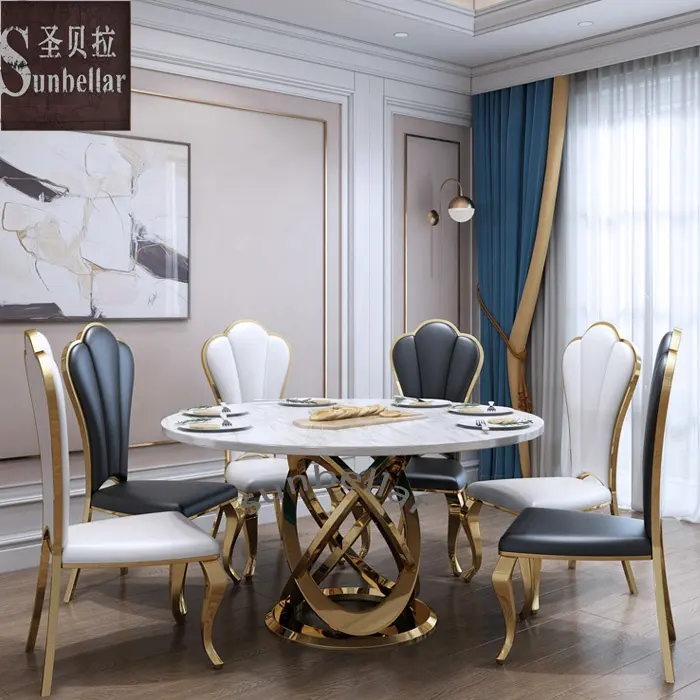 פושאן רהיטים מודרני יוקרה אוכל שולחן אריחים סט למעלה זהב נירוסטה עגול השיש שולחן אוכל עם 6 כיסאות