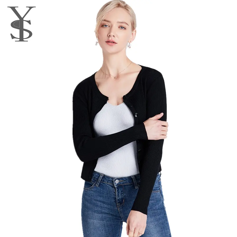 Hot Selling Cardigan Sweater Black, O Neck Rib Knit Womens Jackets and Sweaters