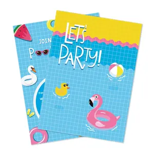 Tarjetas de invitación con temática de piscina para niños, tarjetas de diseño de invitaciones azules para fiesta de verano, venta al por mayor