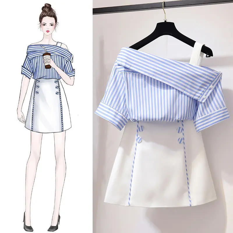 2019 moda 2pcs stripe saia maxi atacado coreano escritório ternos roupas vestido para as mulheres