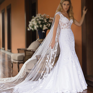 Robe de mariée à col en V Robe de bal élégante avec dentelle <span class=keywords><strong>Vei</strong></span> pour mariée Plus Size Line Robes de mariée - Product Image 1