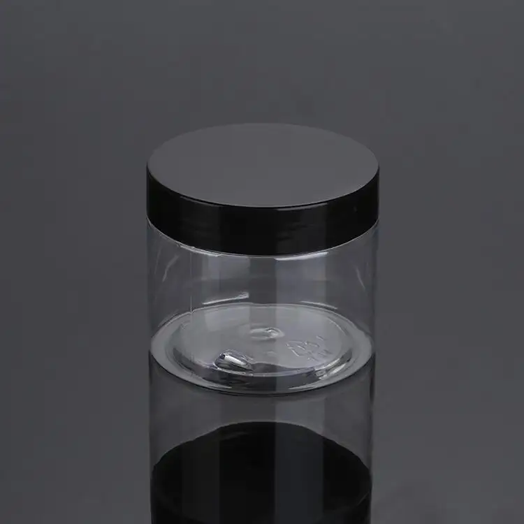 2 oz 4 oz 8 oz Plastik gläser Klare PET-Gläser mit geraden Seiten und ausgekleideten Aluminium kappen Schwarze, glatt gefütterte Kappen 12 oz 16 oz
