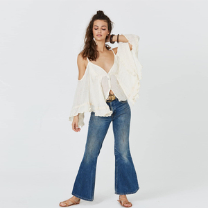 Cold Shoulder butterfly Sleeve <strong>Tops</strong> for Women Boho Chic Ladies Cotton Linen <strong>Top</strong> - Product Image 2