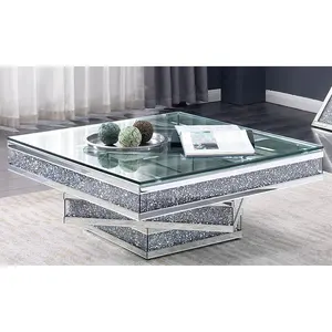 Table basse en miroir carrée en diamant écrasé étincelant de luxe