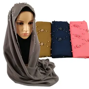 Gekleurde Parel Plain Bubble Chiffon Sjaal Moslim Hijab Met Parel