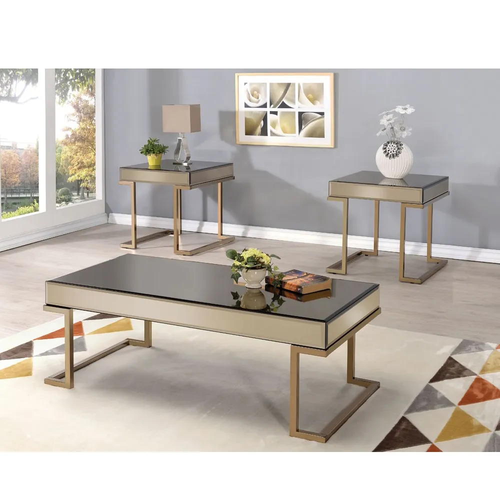 Mesa de café espelhada de perna, venda quente, mesa de café dourada de aço inoxidável e mesa lateral, conjunto de móveis para casa