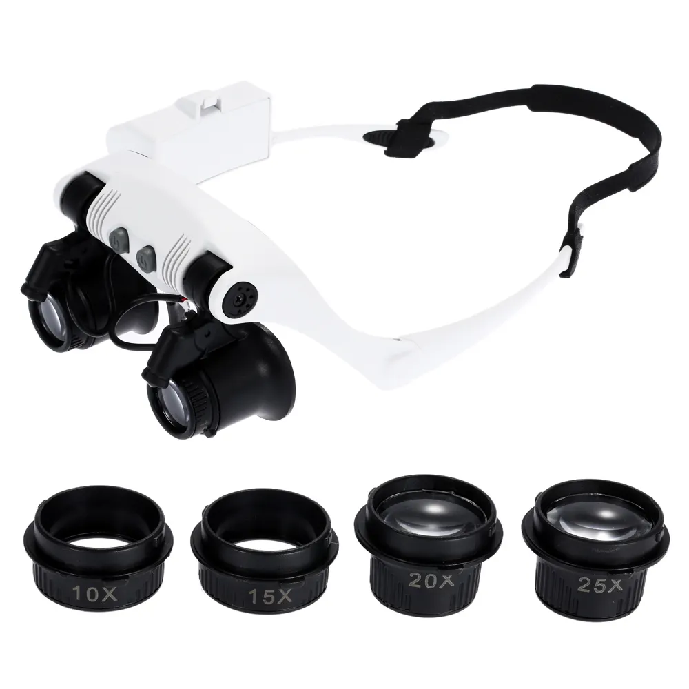 10x 15x 20x 25x Loupe avec 2 LED Lumière Tête Loupe Double Oeil Bijoutier Montre Horloge Réparation Loupe microscope