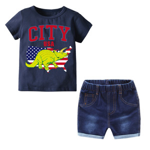 Conjunto de ropa de verano para niños, 2 piezas, camiseta de dinosaurio, Sherts Vaqueros, para bebé, amigable con la piel, LICRA/algodón, 10 días de negocios, Formal - Product Image 1