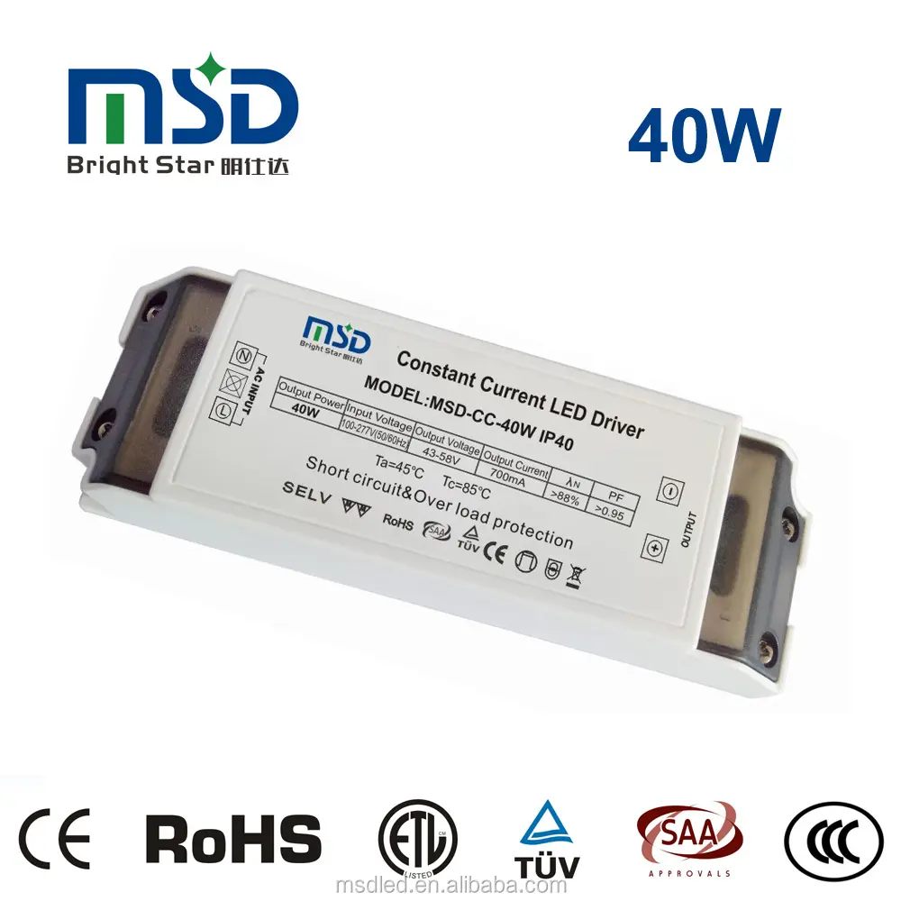 داخلي MSD-CC-40W led سائق 27-42 V 600mA-950maA PF> 0.95 كفاءة> 88% 5 سنوات الضمان