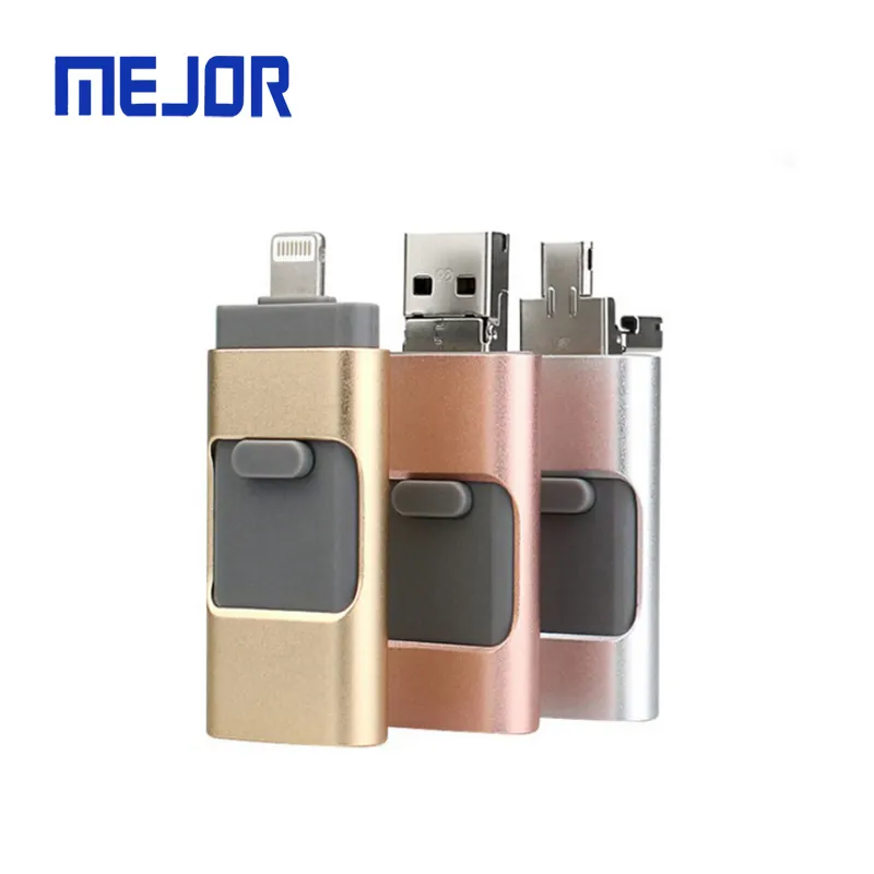 แฟลชดิสก์แบบสไลด์สีเงิน3 IN 1,หน่วยความจำแบบแท่งรองรับแอป Android Micro OTG PEN 32G IOS Usb Drive