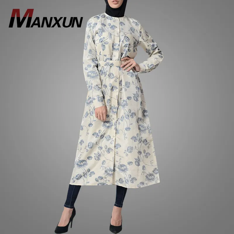 Tradisional Muslim Maroko Tunik Fashion Turki Islam Atasan Gaun Cetak Floral Blus untuk Wanita dengan Sabuk