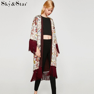 2018 de moda de <span class=keywords><strong>manga</strong></span> larga borla larga floral <span class=keywords><strong>kimono</strong></span> chaqueta - Product Image 1