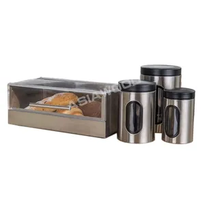 High Quality Stainless Steel metal ironBread Box Set Stainless Steel Bread Bin Set Bread Box with canisters