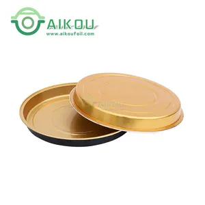 Aikou 900ml round disposable takeaway baking cup aluminum pizza pan with lid black gold bakery food tray foil container