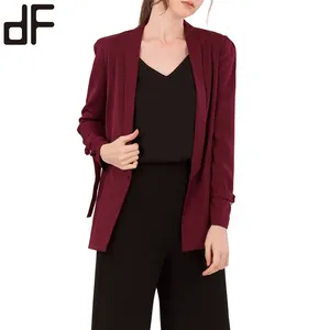 OEM Blazer kustom untuk wanita pakaian kantor wanita pakaian mantel Burgundy lengan panjang mantel Blazer