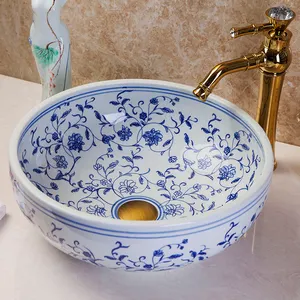 Blu rosa stile Antico bagno in ceramica lavello singolo lavabo lavandino del bagno di porcellana Dipinta lavello del Vaso di Ceramica ciotola