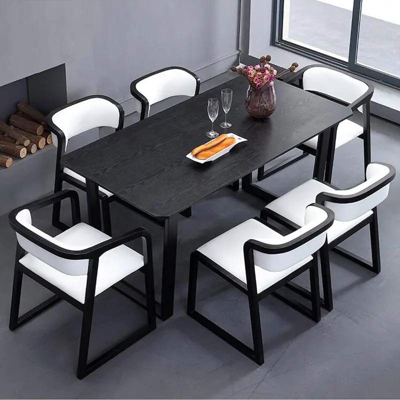 MDF yemek masası s İskandinav tasarım yemek odası mobilyası katı ahşap 6 8 koltuklu yemek masası seti fabrika toptan siyah Modern 5 adet