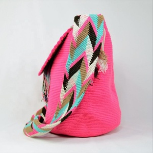 กระเป๋าสะพายไหล่ผ้าฝ้ายถักโครเชต์ผู้หญิงทำด้วยมือสีชมพูกระเป๋าถักสะพายข้าง <span class=keywords><strong>Wayuu</strong></span> Mochila - Product Image 3