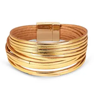 Boho Fashion Multilayer Goud Zilver Lederen Wrap Magnetische Sluiting Armband Sieraden Voor Vrouwen