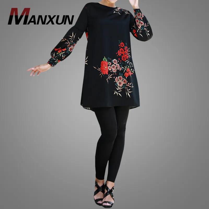 Populaire Islamitische Etnische Vrouwen Daily Wear Mode Zwarte Bloemen Moslim Tuniek Voor Dames Casual O Hals Blouse Tops