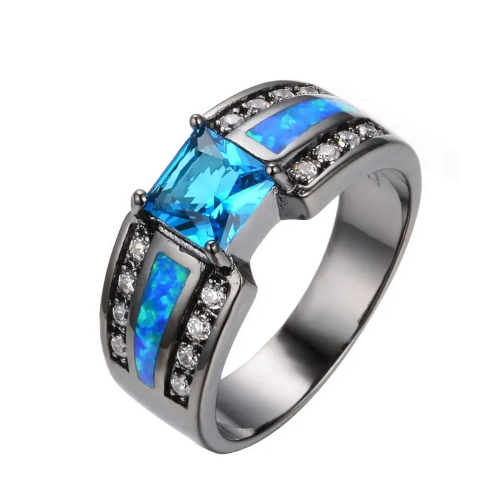 925 Sterling Silver Blue Opal Men Jewelry Black Rhodium Plated Square Cut Blue Topaz Ring