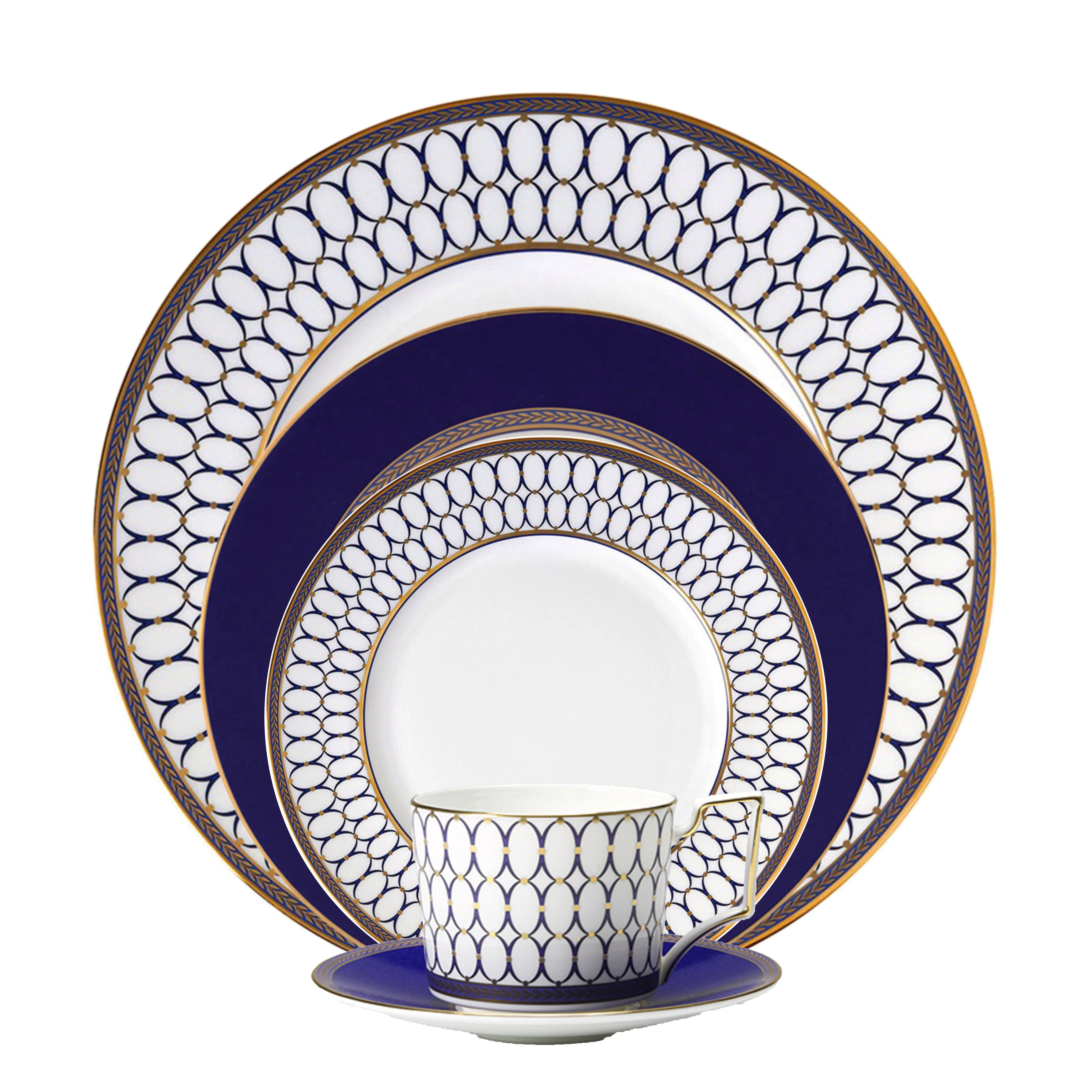 Антикварные столовые сервизы, изысканная китайская обеденная тарелка с синим и белым узором, наборы с золотым ободком