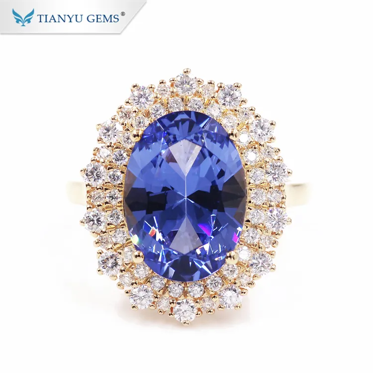 Tianyu Customized 14K/18k yellow Gold Ring 7*9mm oval brilliant cut blue sapphire and Moissanite gold wedding Ring