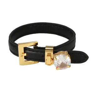 Stainless Steel Adjustable Watch Belt Buckle Leather Bracelet Bangle With Big CZ Stone For Women Men Jewelry