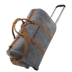 耐久性のある耐水性キャンバスレザートロリートラベルバッグ、トロリー付きローリングスポーツダッフルバッグ