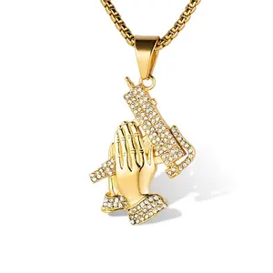 Toptan Hiphop erkek takı 18K altın kaplama buzlu Out namaz eller kolye dini takı